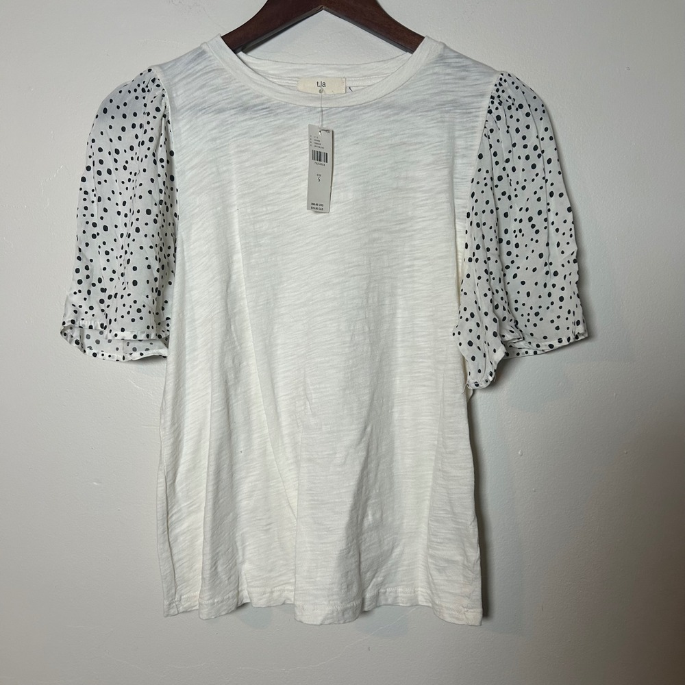 NWT t.la Puff Sleeve T-Shirt Women S White‎ Polka Dot Mixed Media Anthropologie